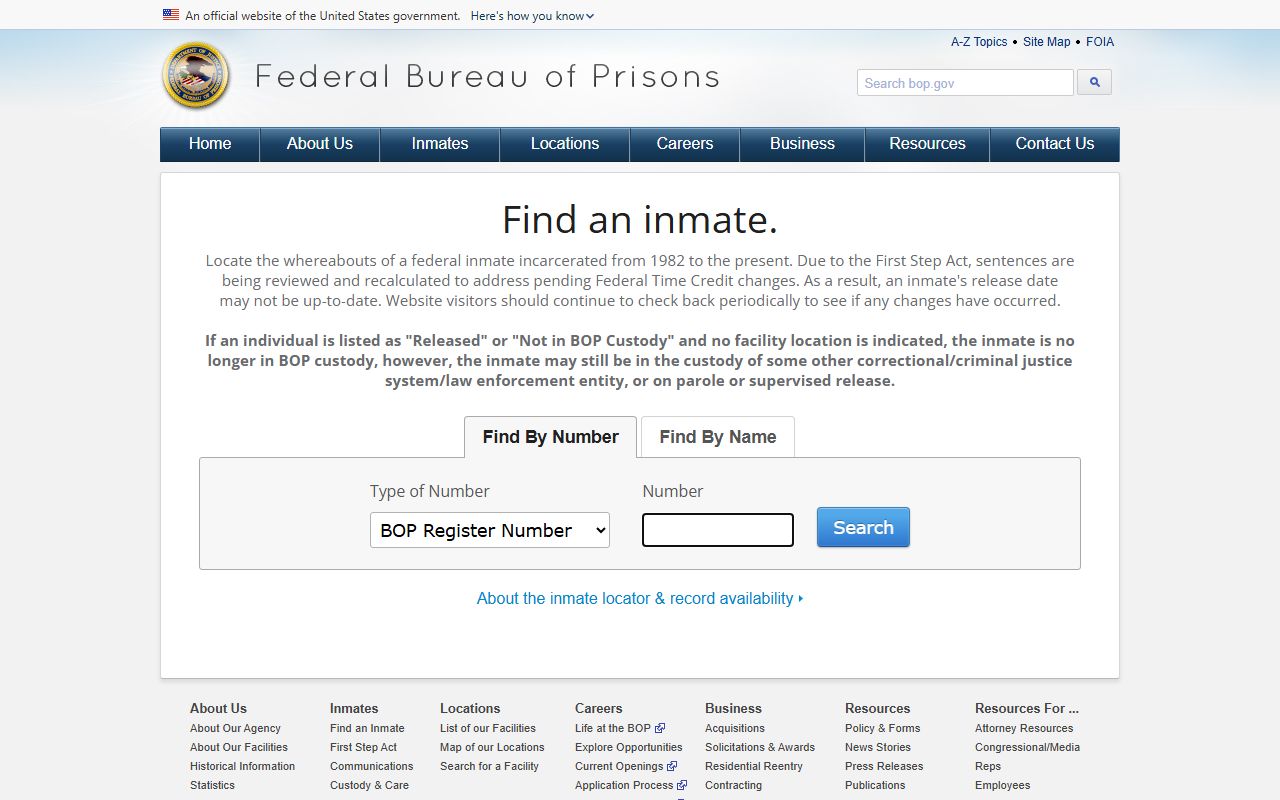 Federal BOP inmate locator search interface for federal custody records