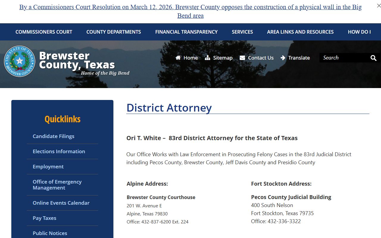 Brewster County District Attorney page for Ori T. White and 83rd District felony prosecution