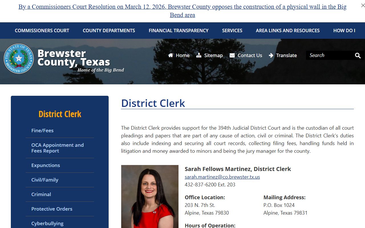 Brewster County District Clerk page showing clerk contact information and iDocket links