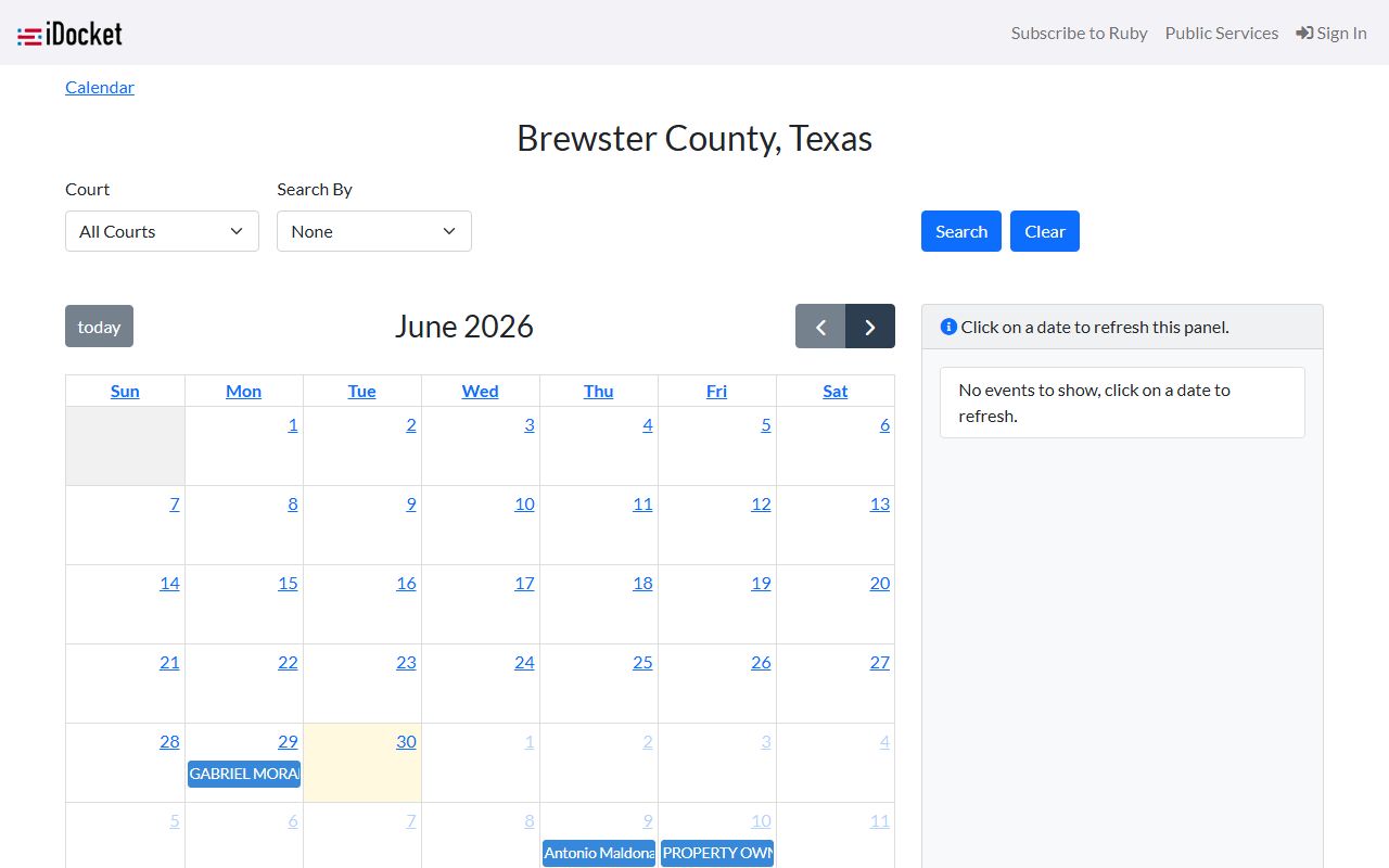 iDocket Brewster County court calendar search fields for court, date, attorney, and case number