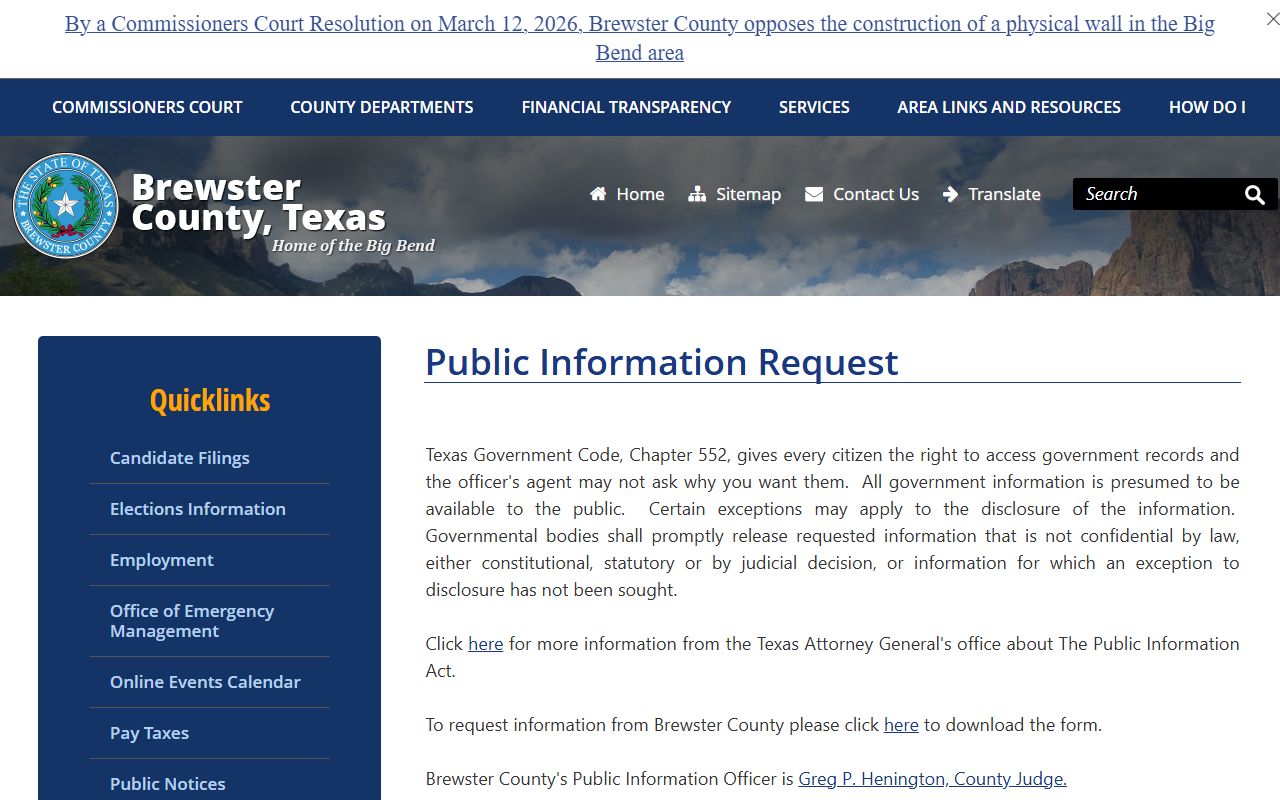 Brewster County inmate records public information request page