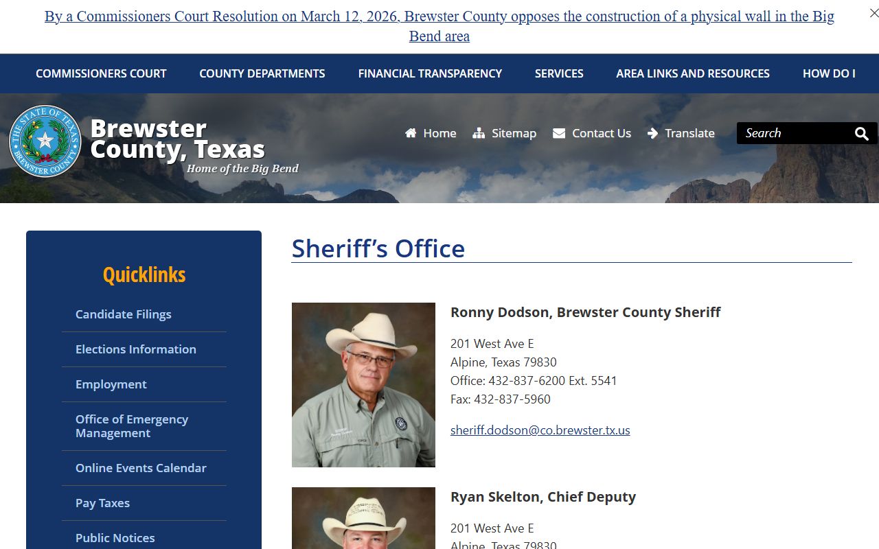 Brewster County Jail inmate lookup sheriff contact page