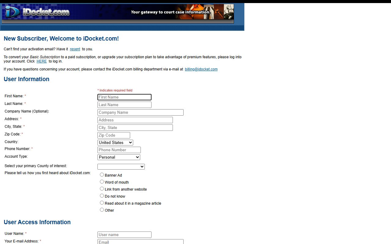 iDocket Ruby registration page with account fields and county selector
